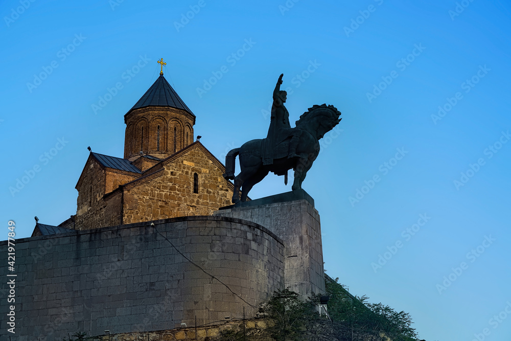 Tbilisi, Georgia - August 20, 2020: Temple on Metekhi rock