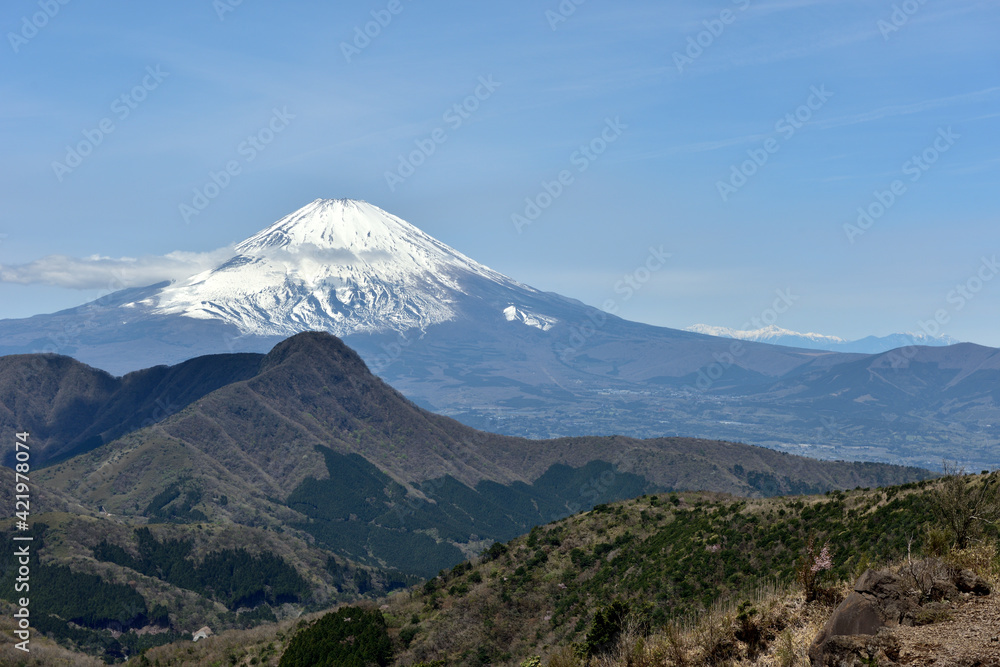 箱根明神ヶ岳からのぞむ春の富士山と南アルプス