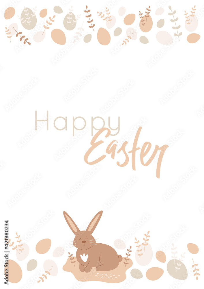 Obraz premium Happy Easter vertical banner, card with text and pattern border with flat eggs and branches. Cute rabbit sitting on the abstract ground. Vector illustration isolated on white background.