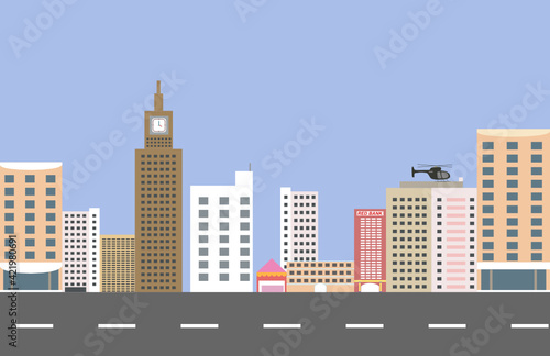 Office buldings City, urban, landscape, smart city buldings, modern skycraper,  vector illustration. With helicopter, blue sky and highway