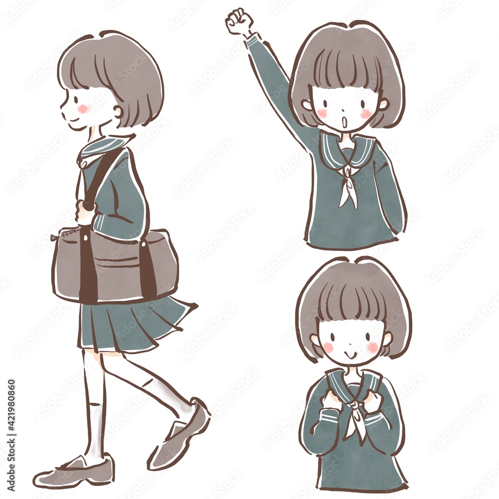 Icon set of girl student studying at school Icon set of girl student studying at school