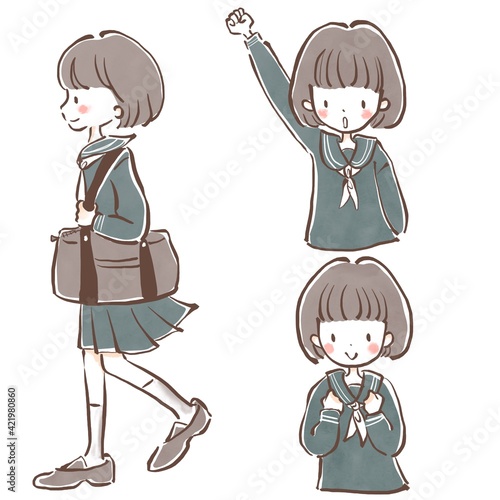 Icon set of girl student studying at school
