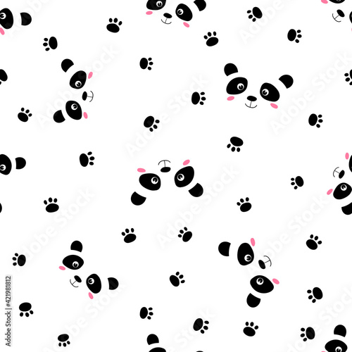 Seamless pattern with cute panda baby on white background. Funny asian animals. Card, postcards for kids. Flat vector illustration for fabric, textile, wallpaper, poster, gift wrapping paper
