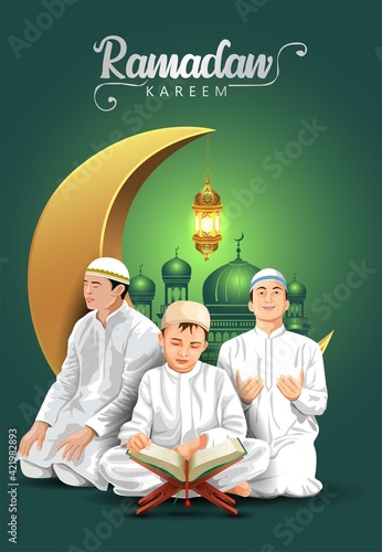 ramadan kareem and eid Mubarak greetings. Islamic group of people  reading Quran vector illustration design