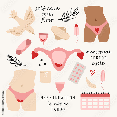 Set of hand drawn elements of women menstruation period theme, feminine hygiene products as pads, menstrual cups, etc.