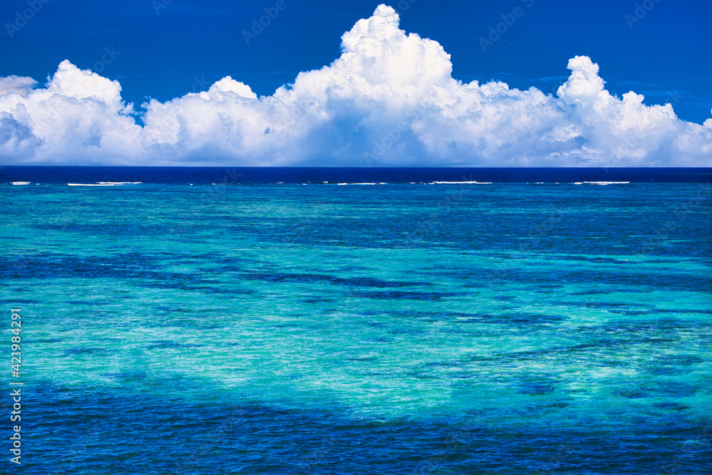 Fototapeta premium 沖縄の美しいサンゴ礁の海と入道雲合成