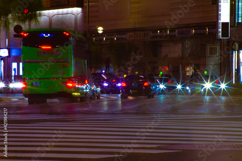 A night traffic jam at the crossing in Ginza long shot