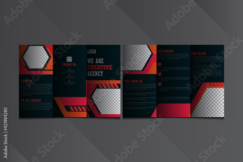 Corporate Tri Fold Brochure vector illustration. Vector triple folding brochure for business and advertising. Layout with modern elements and abstract background 