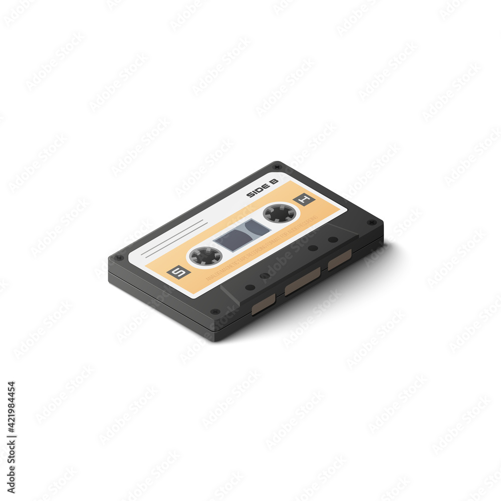Isometric audio compact cassette. Colored illustration. 3D image. Music listening. Isolated on white background. Isometric audio compact cassette. Colored illustration. 3D image. Music listening. Isolated on white background.