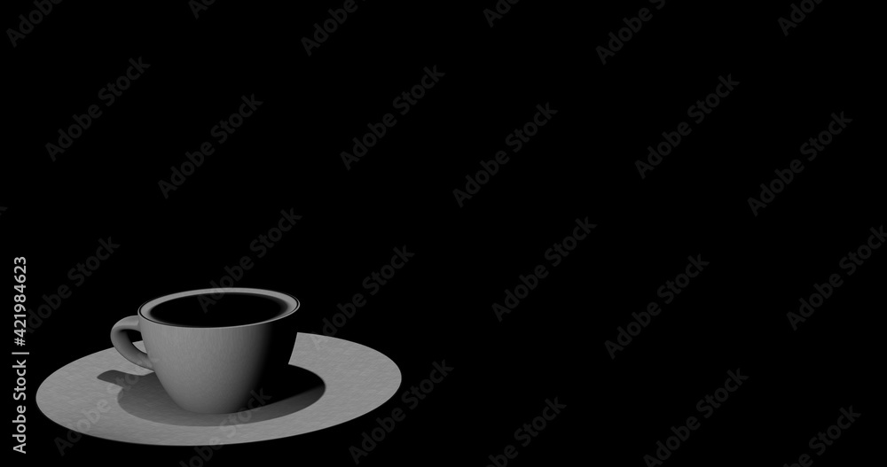 Render with monochrome coffee cup on black background Render with monochrome coffee cup on black background