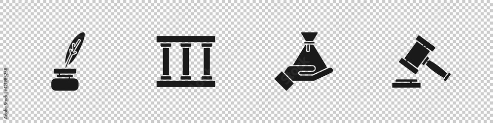 Set Feather and inkwell, Prison window, Bribe money bag and Judge gavel icon. Vector Set Feather and inkwell, Prison window, Bribe money bag and Judge gavel icon. Vector