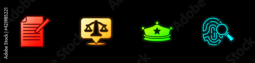 Set Document and pen, Scales of justice, Police cap with cockade and Fingerprint icon. Vector