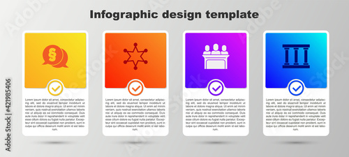 Set Law, Hexagram sheriff, Jurors and Prison window. Business infographic template. Vector