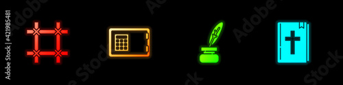Set Prison window, Safe, Feather and inkwell and Holy bible book icon. Vector