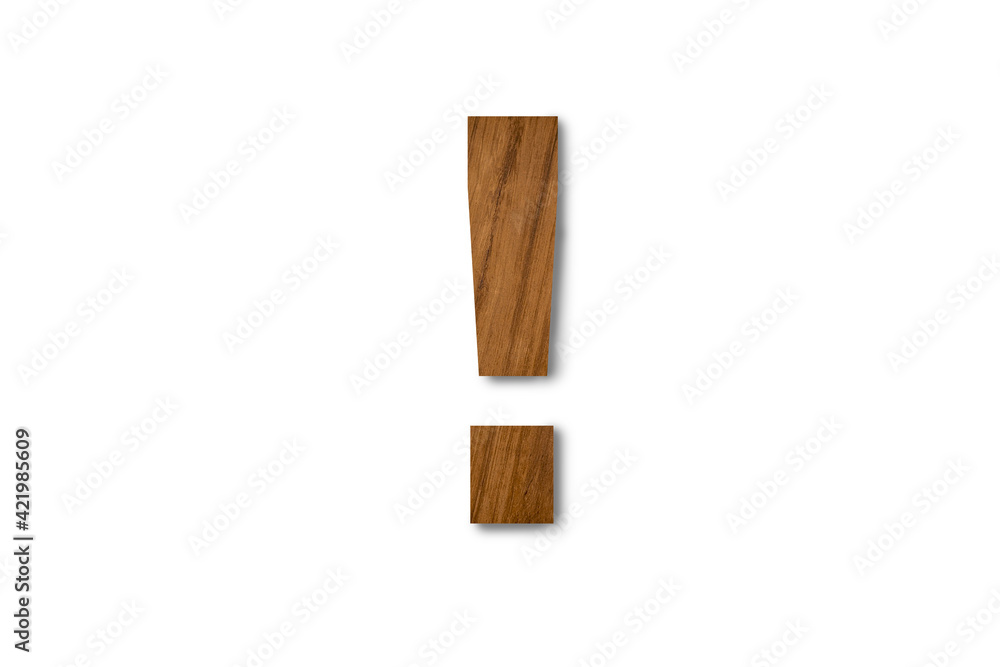 Brown wooden exclamation mark isolated on white background. Clipping path for design Brown wooden exclamation mark isolated on white background. Clipping path for design