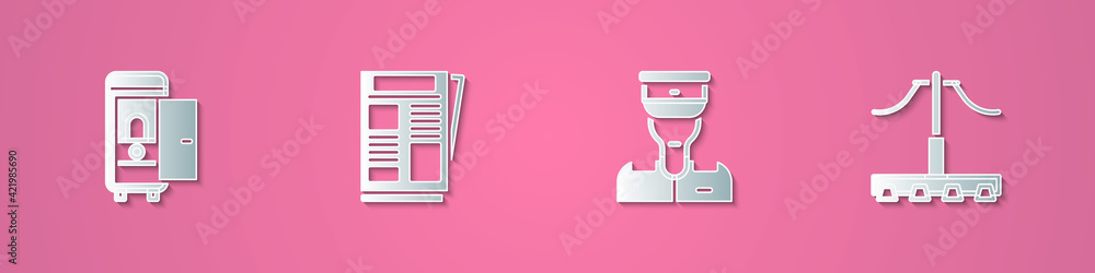 Set paper cut Toilet in the train car, News, Train conductor and Railway icon. Paper art style. Vector Set paper cut Toilet in the train car, News, Train conductor and Railway icon. Paper art style. Vector