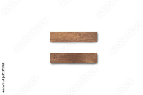 Single wooden texture equal sign isolated on white background. Clipping path for design