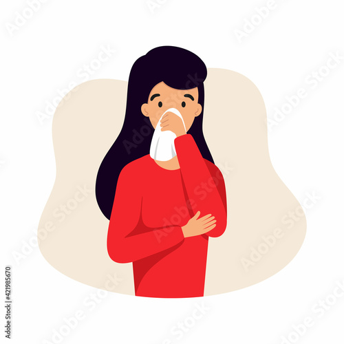 The girl suffers from a runny nose and nose diseases. Vector character with symptoms of a viral or bacterial infection.