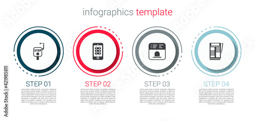 Set Emergency brake, Buy train ticket online, Ticket office to buy tickets and News. Business infographic template. Vector