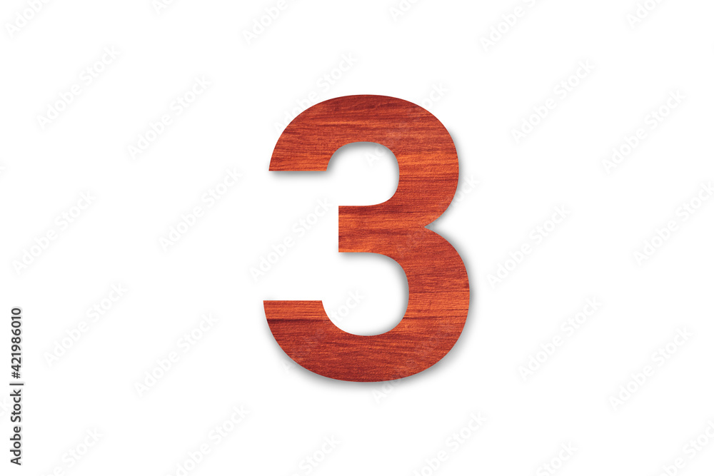 Beautiful Sign number three material wood isolated on white background with clipping path for design Beautiful Sign number three material wood isolated on white background with clipping path for design