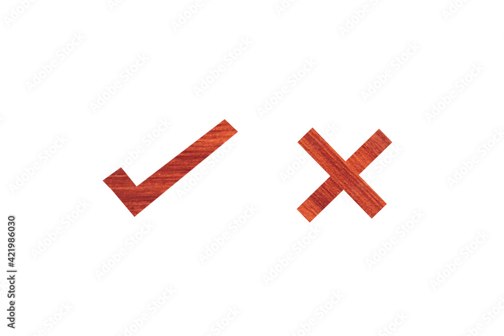 Wooden of True and false symbols isolated on white background. Clipping path for design Wooden of True and false symbols isolated on white background. Clipping path for design