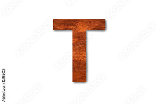 Modern wooden alphabet letter T isolated on white background with clipping path for design