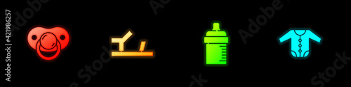 Set Baby dummy pacifier, shoes, bottle and clothes icon. Vector