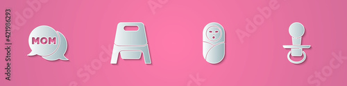 Set paper cut Speech bubble mom, Baby potty, Newborn baby infant swaddled and dummy pacifier icon. Paper art style. Vector