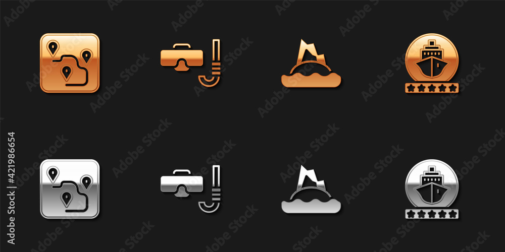 Set Route location, Diving mask and snorkel, Tropical island ocean and Cruise ship icon. Vector Set Route location, Diving mask and snorkel, Tropical island ocean and Cruise ship icon. Vector