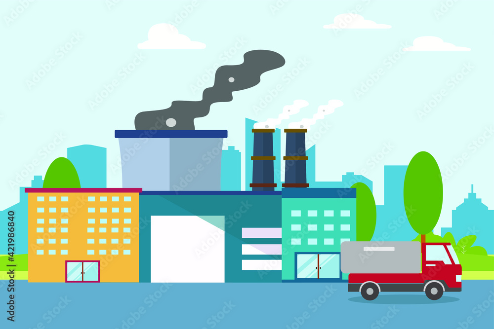 Pollution city vector concept. Truck passing on the road with industrial pollution from a factory chimney Pollution city vector concept. Truck passing on the road with industrial pollution from a factory chimney