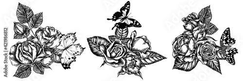 Tableau sur toile Flower bouquet of black and white lemon butterfly, purple spotted swallowtail, f