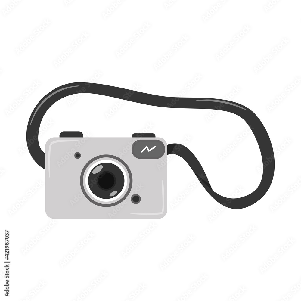Grey digital SLR camera with belt. Optical electronic equipment. A symbol of travel, vacation, hobby. A design element. Flat color vector illustration. Isolated on a white background.