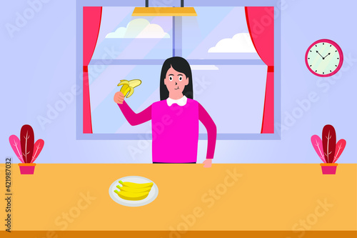 Healthy lifestyle vector concept: Happy young woman eating bananas while sitting near the window at home