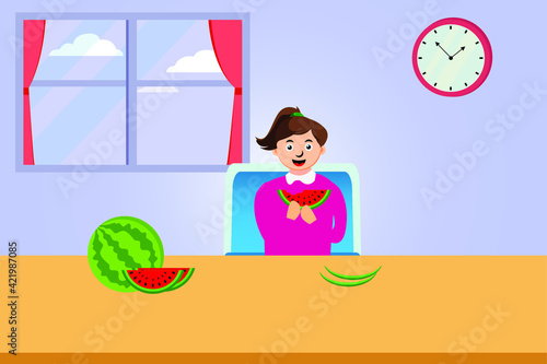 Healthy lifestyle vector concept: Happy young woman eating fresh watermelon slices while sitting near the window at home