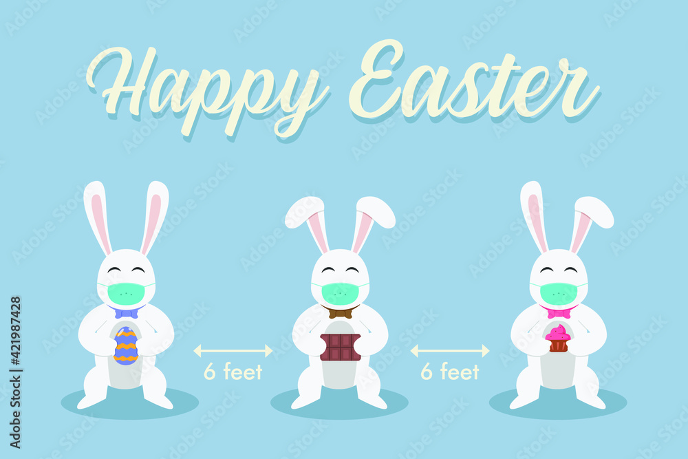 Easter day vector concept: Three rabbits wearing face mask and holding easter egg while keeping social distancing with Happy Easter text Easter day vector concept: Three rabbits wearing face mask and holding easter egg while keeping social distancing with Happy Easter text