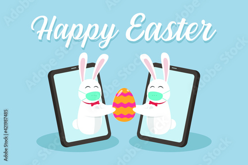 Easter day vector concept: Two rabbits wearing face mask while holding easter egg together on mobile phone with Happy Easter text