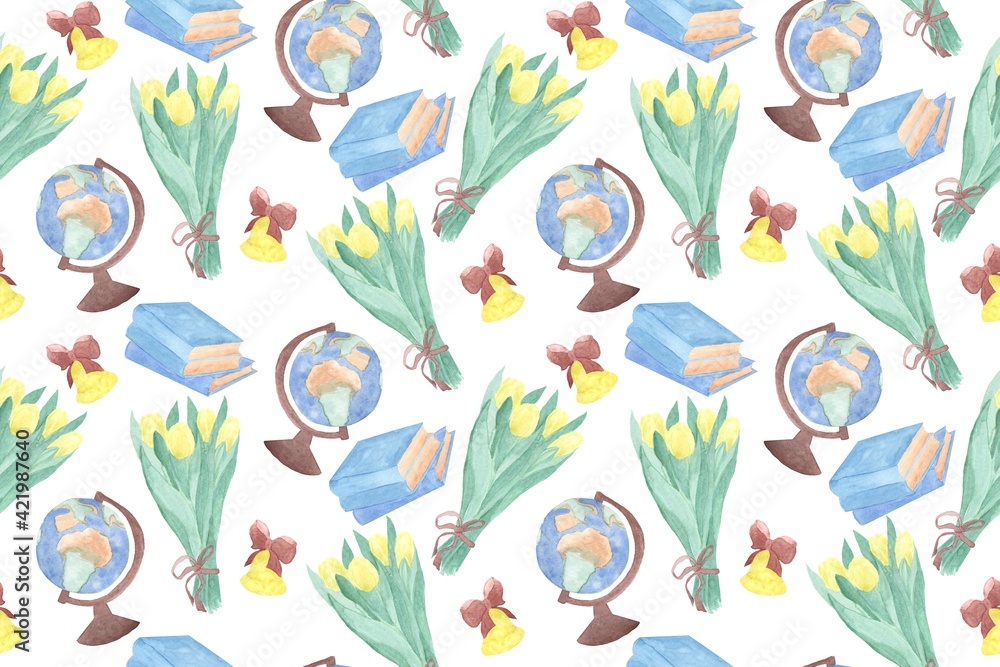 Watercolor illustrations folded in a seamless pattern on the theme of graduation, last call, school, college