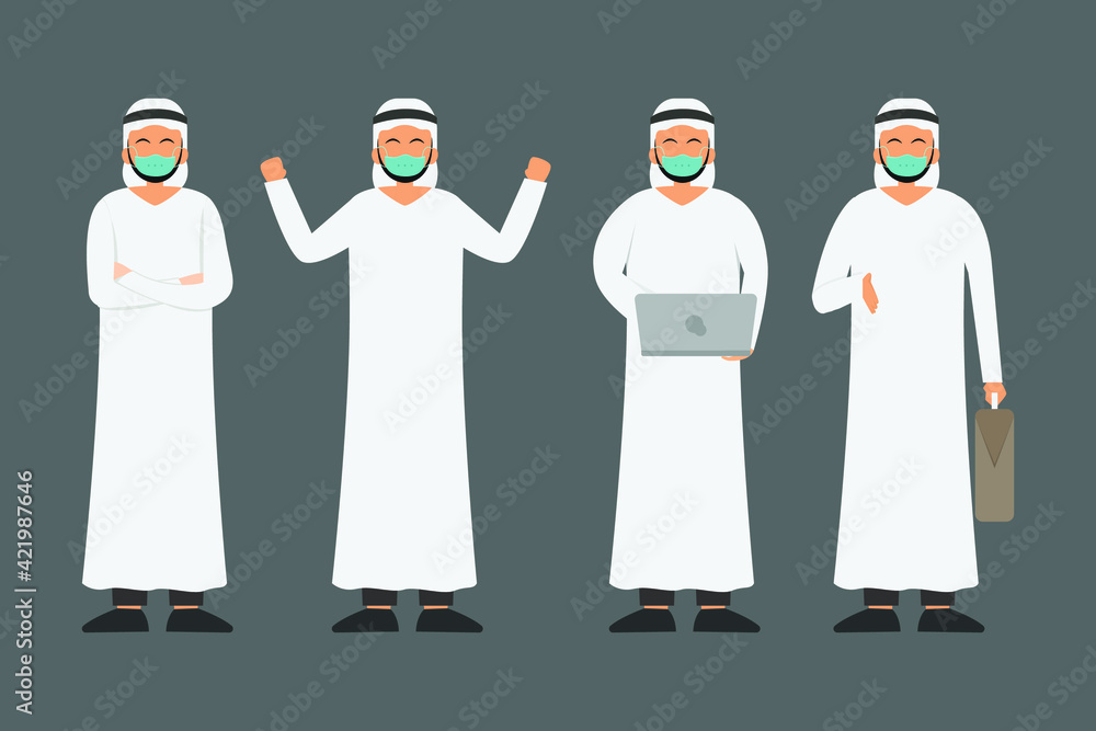 Businessman working poses vector concept: Set of Arabian businessman characters wearing face mask and working in office
