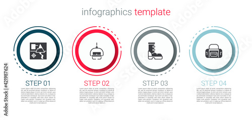 Set Folded map, Ski lift, Waterproof rubber boot and Sport bag. Business infographic template. Vector