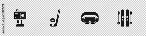 Set Action camera, Ice hockey stick and puck, Ski goggles and sticks icon. Vector