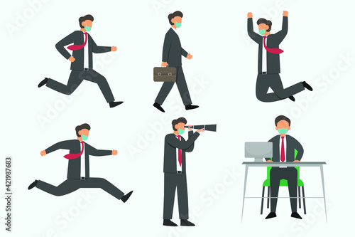 Businessman working poses vector concept: Set of businessman characters working poses while wearing face mask