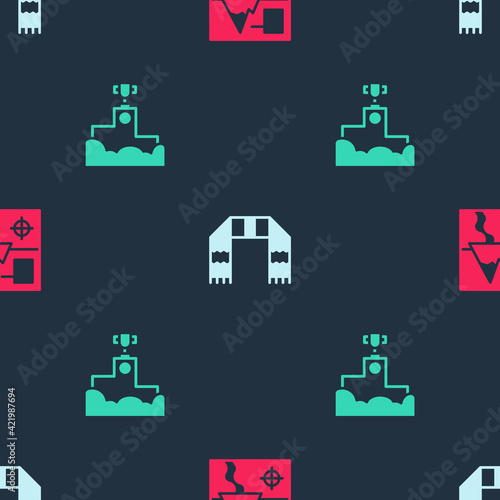 Set Folded map, Winter scarf and Award winner podium on seamless pattern. Vector