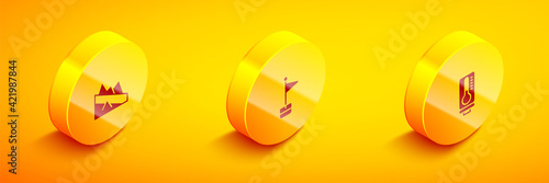 Set Isometric Mountain descent, Location marker and Meteorology thermometer icon. Vector