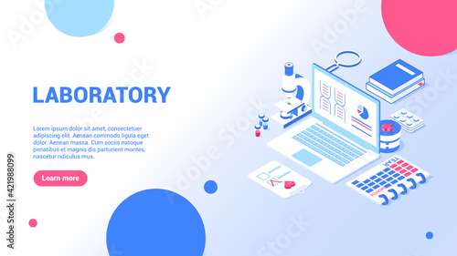 Laboratory concept. Landing page or web banner template. 3d set of laboratory elements. Laptop, microscope, ampoules, calendar, tablet, magnifier, pills, books. Vector illustration in isometric style.