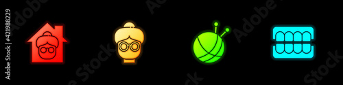 Set Nursing home, Grandmother, Yarn ball with knitting needles and False jaw icon. Vector