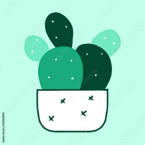 Home green cactus in a white pot. Hand-drawn.