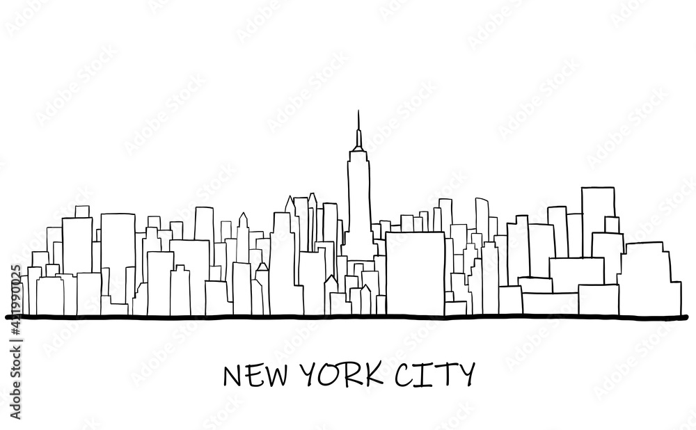 New York City skyline freehand drawing sketch on white background.
