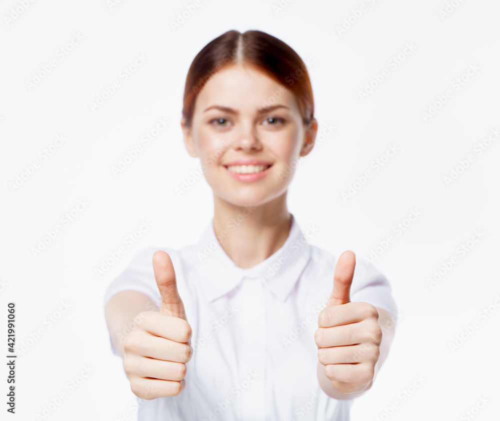 pretty woman gesturing with hands emotion white shirt studio isolated background pretty woman gesturing with hands emotion white shirt studio isolated background