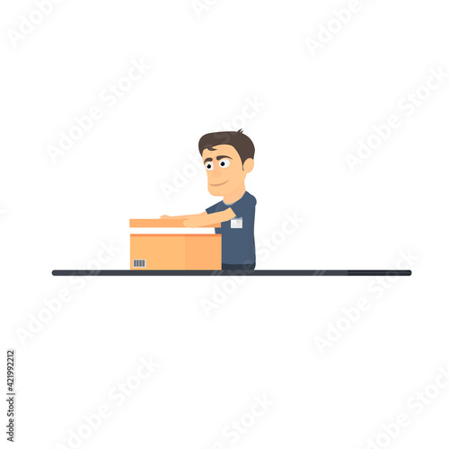 Packer. Product packaging on a conveyor belt, vector illustration