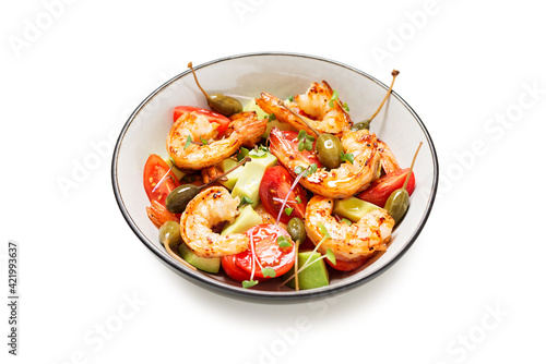 Easy grilled shrimp avocado salad with cherry tomatoes, capers and microgreens. isolated on white background